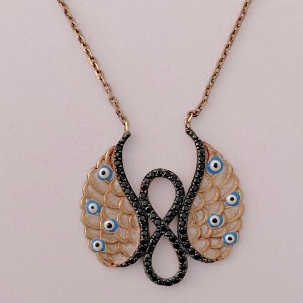 Angel wings 925 silver necklace evil eye black cubic zirconia cz stones